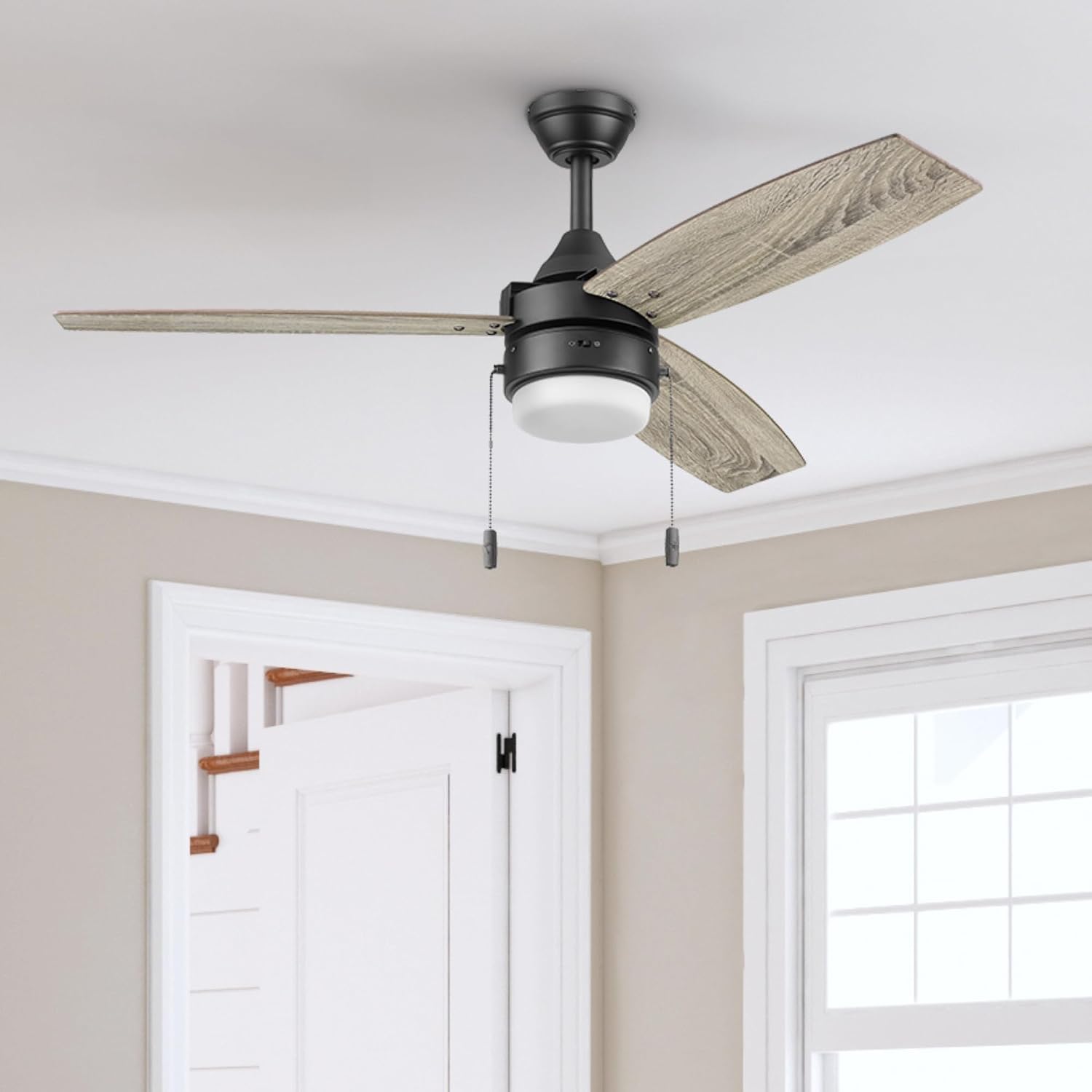 Honeywell Ceiling Fans Berryhill, 48 Inch Ceiling Fan with Color Changing LED Light, Pull Chain, Dual Mounting Options, 3 Dual Finish Blades, Reversible Airflow - 51858-01 (Matte Black)