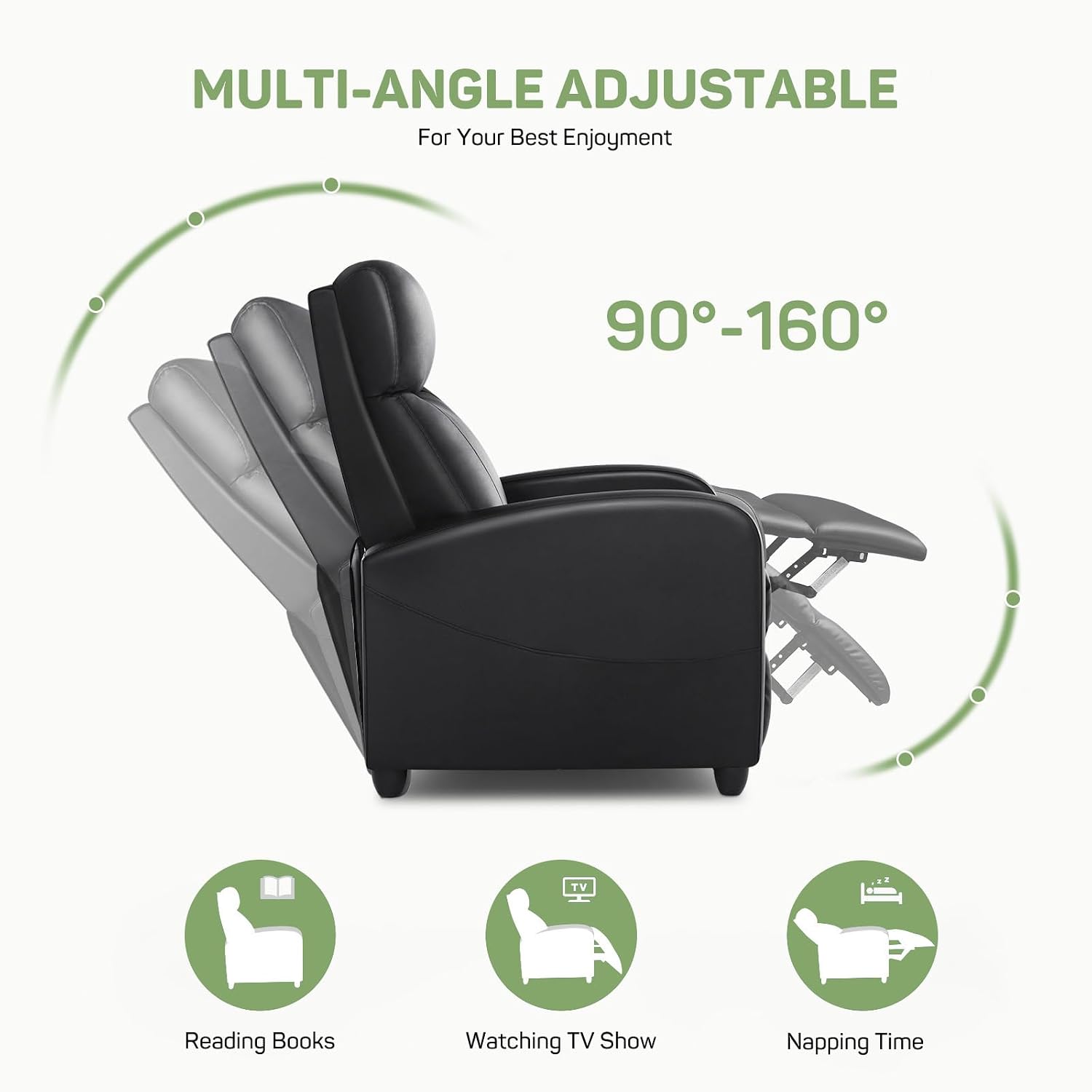 Recliner Chair with Massage and Lumbar Support, Small PU Leather Home Theater Seating, Adjustable Modern Reclining Chair for Adults in Living Room