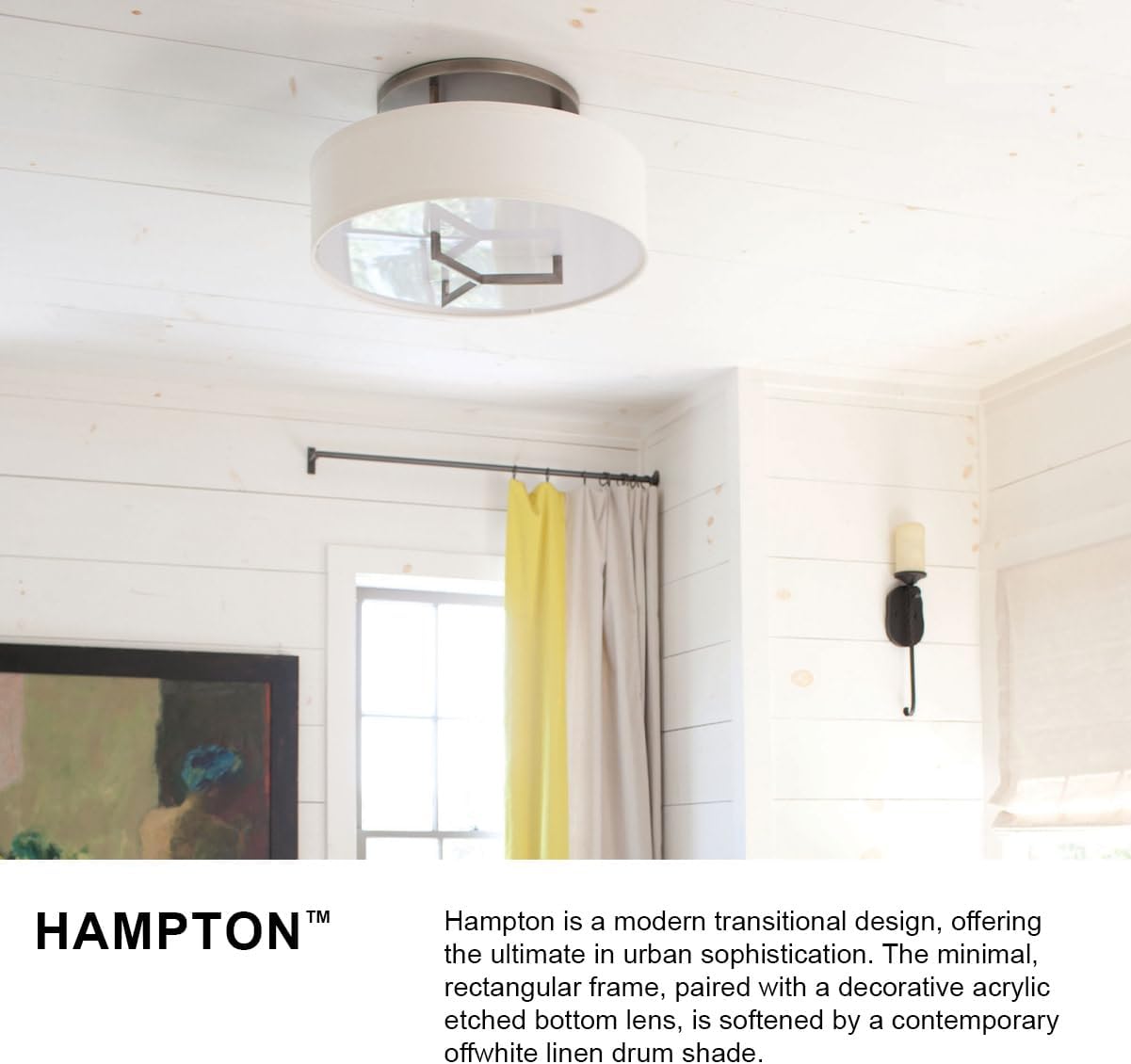 Hinkley Hampton Semi-Flush Three Light 15-in Dia. Ceiling Mount, Off-White Linen Drum Shade, Acrylic Diffuser, Antique Nickel Finish