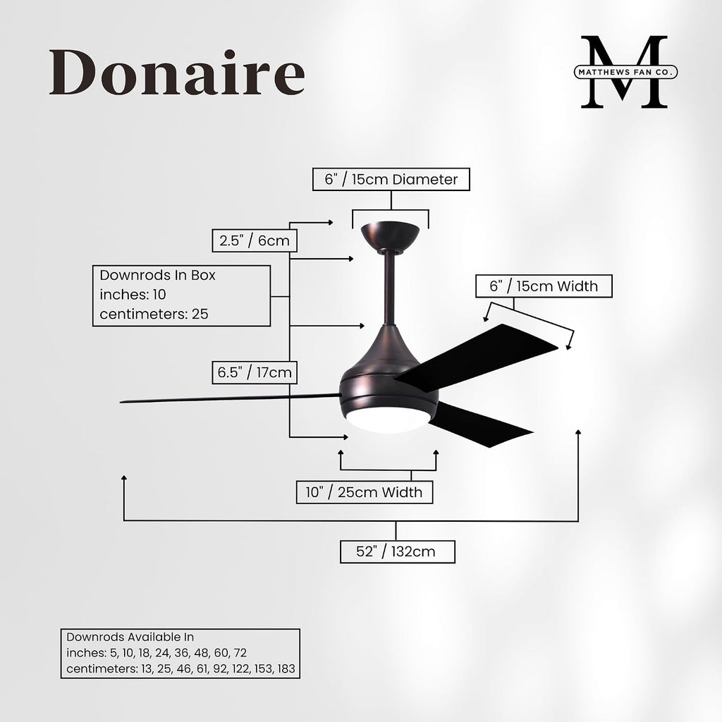 Matthews DA-BB-BK Donaire Outdoor Wet/Salt Water Rated 52' Marine-Grade Coastal Ceiling Fan with LED Light & Remote, Brushed Bronze with Black