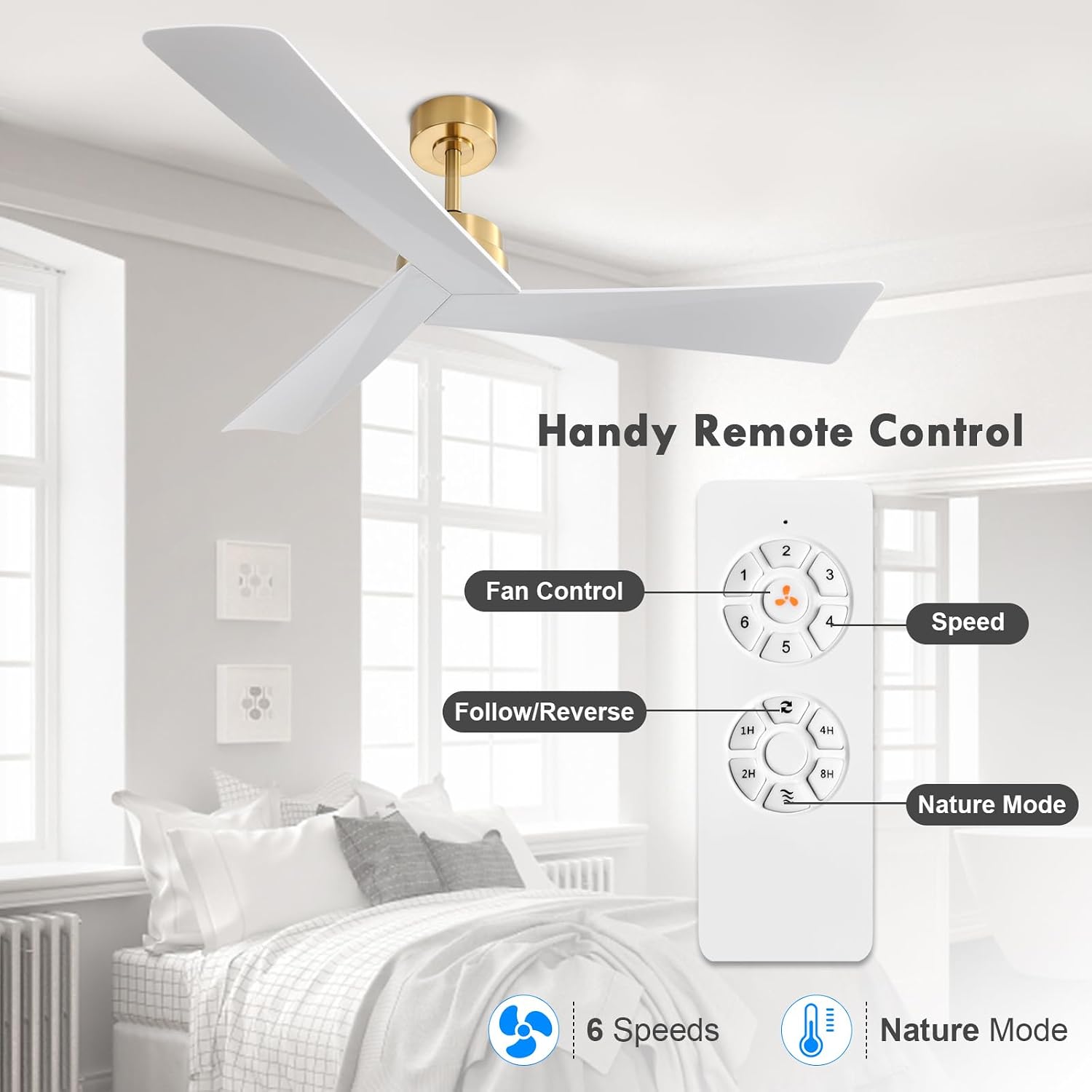 WINGBO 52' DC Ceiling Fan without Lights, Brass and White Ceiling Fan with Remote, 3 ABS Plastic Blades, 6 Speed Reversible DC Motor, Ceiling Fans No Light for Kitchen Bedroom Living Room