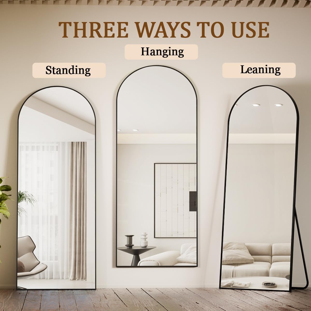 Koonmi Arched Full Length Mirror, 65'x24' Arched Black Floor Mirror, Standing Hanging or Leaning Full Body Mirror with Aluminum Alloy Frame for Living Room and Bedroom