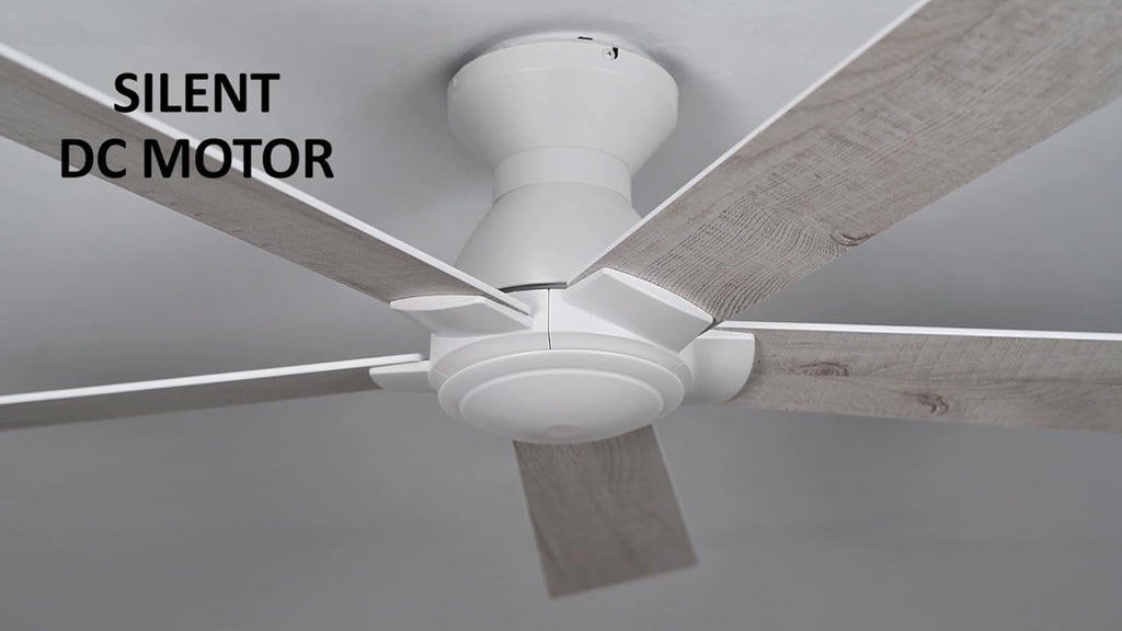 Carro 52 Inch Flush Mount Ceiling Fan without Lights, White Ceiling Fan with Remote Low Profile, 10-Speed Reversible DC Motor, 5 Wood Finish Blades, Indoor for Bedroom