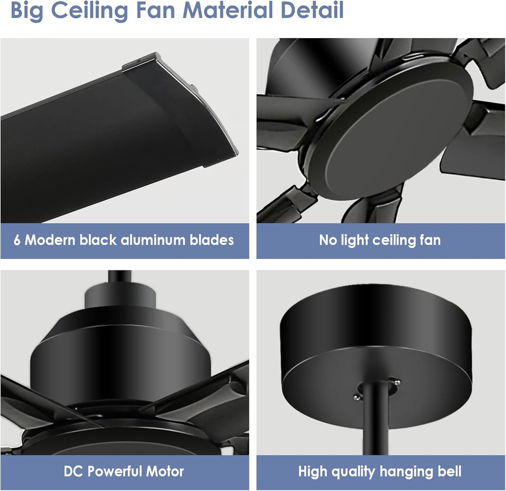 120 Inch Large Ceiling Fan - High Volume(HVLS) Industrial Ceiling Fans with DC Motor, 3 Downrods, 6-Speed Remote Control, 6 Blades, Outdoor/Indoor Ceiling Fans for Garage/Shop/Patios