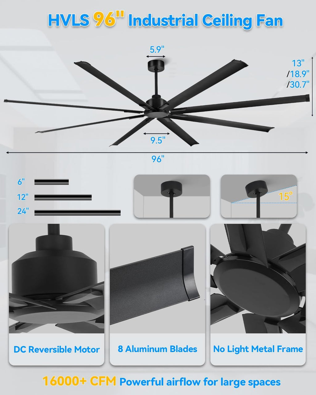 [HVLS]96 Inch Industrial Ceiling Fan, Extra Large Commercial Big Assed Ceiling Fan, 8 Aluminum Blades, Reversible DC Motor, Remote Control with 6 Speeds, 3 Downrods, for Shop, Garage, Gym, Black