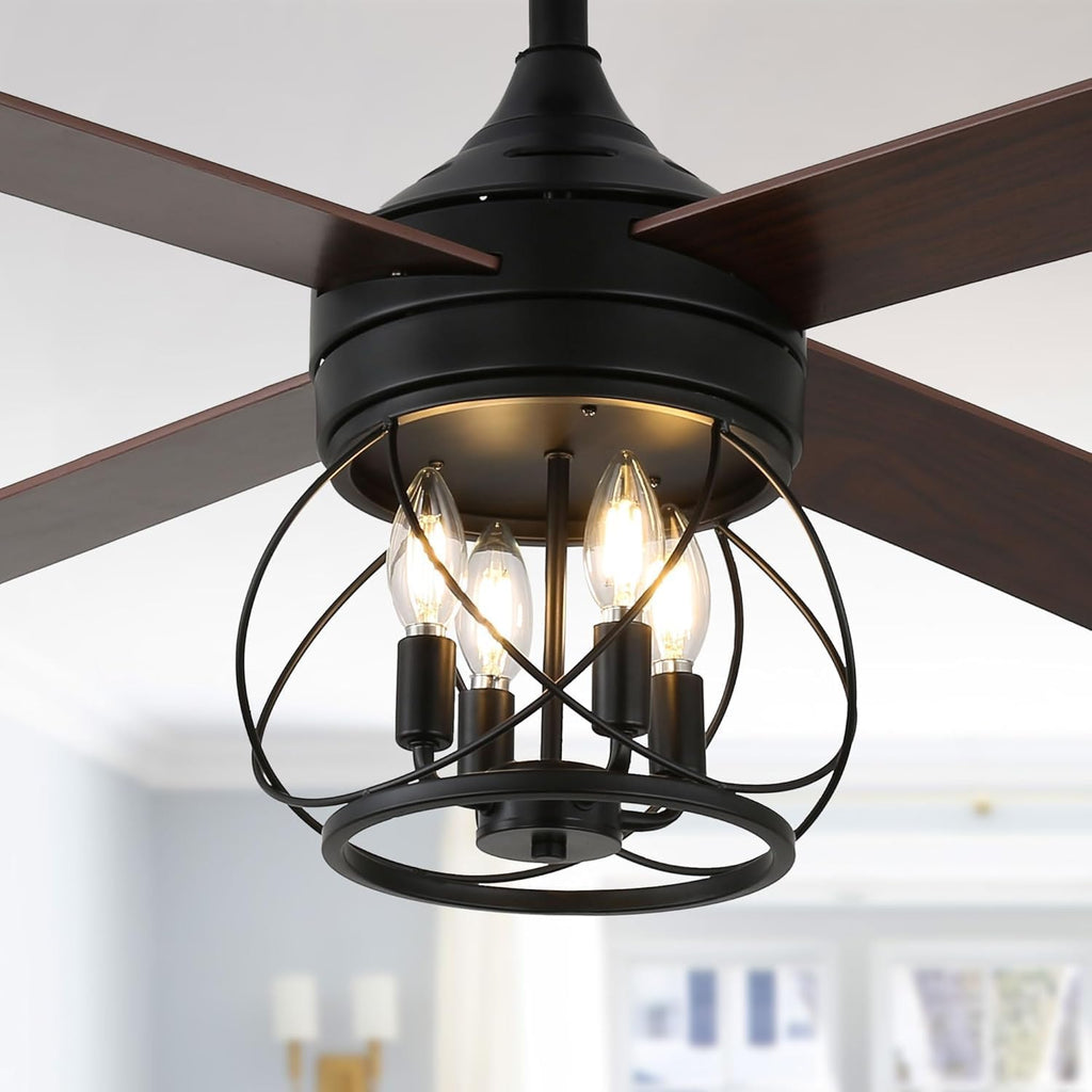 Rustic Ceiling Fan with Lights and Remote, Large Farmhouse Ceiling Fan Caged Fandelier Chandelier, Reversible Quiet DC Motor 6 Speeds for Living Room (Black Caged, 52 Inch)