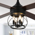 Rustic Ceiling Fan with Lights and Remote, Large Farmhouse Ceiling Fan Caged Fandelier Chandelier, Reversible Quiet DC Motor 6 Speeds for Living Room (Black Caged, 52 Inch)