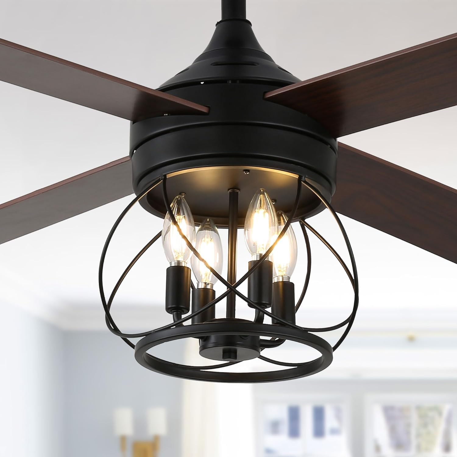 Rustic Ceiling Fan with Lights and Remote, Large Farmhouse Ceiling Fan Caged Fandelier Chandelier, Reversible Quiet DC Motor 6 Speeds for Living Room (Black Caged, 52 Inch)