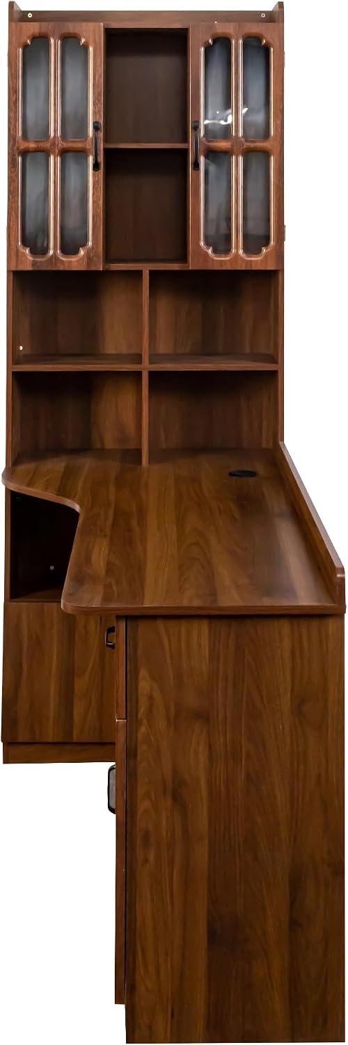 Jmyab L-Shaped Corner Computer Desk for Home Office, Study Modern Style Table with Drawer, Bookshelf Hutch Study Table, 2-in-1 L-Shaped Design, Large Working Space, Walnut