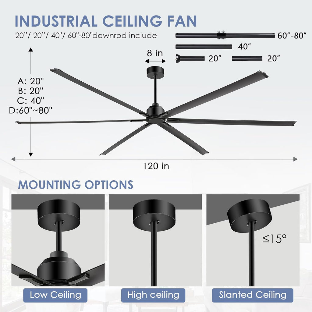 120 Inch Large Ceiling Fan - High Volume(HVLS) Industrial Ceiling Fans with DC Motor, 3 Downrods, 6-Speed Remote Control, 6 Blades, Outdoor/Indoor Ceiling Fans for Garage/Shop/Patios