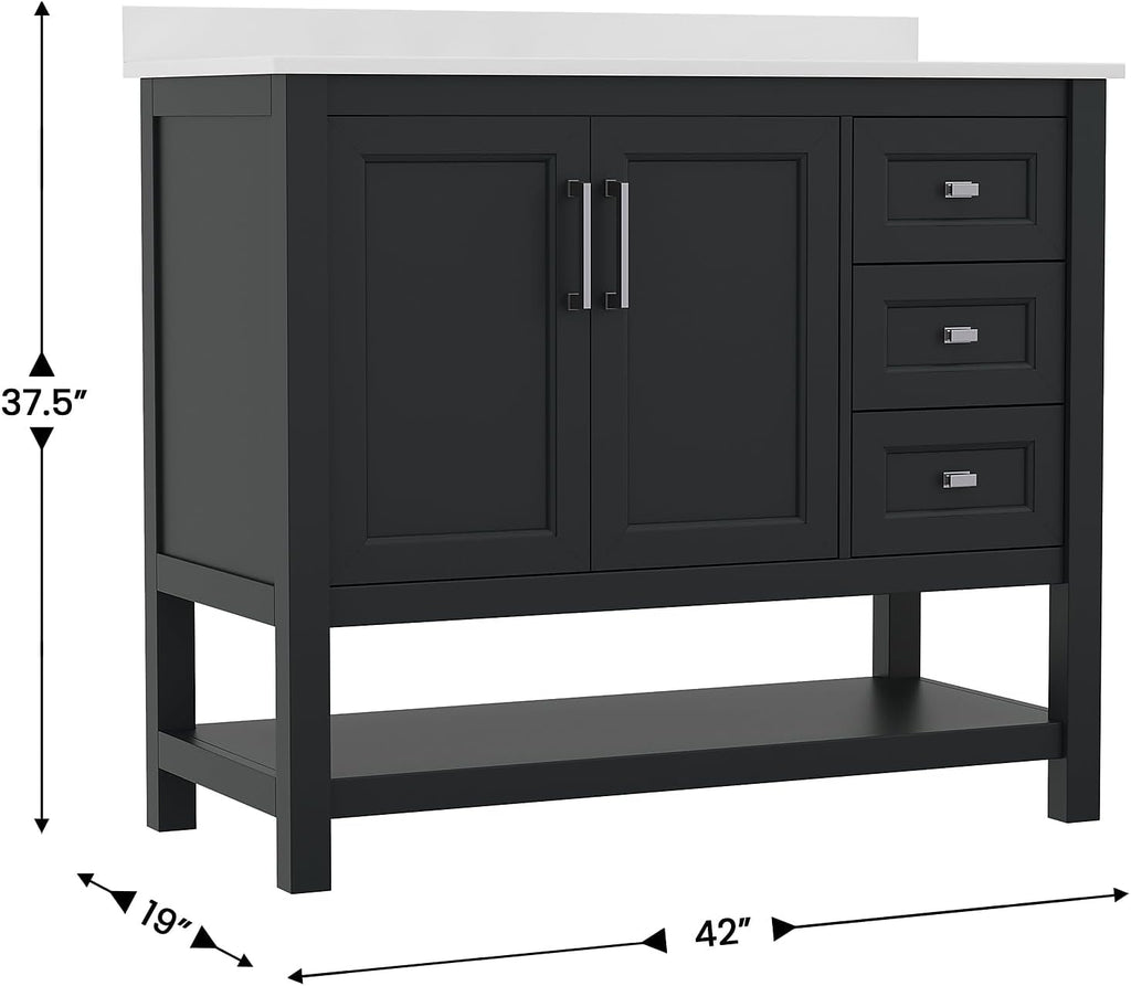 Flash Furniture Vega 42 Inch Bathroom Vanity with Sink, Storage Cabinet with Soft Close Doors, Open Shelf and 3 Drawers, Carrara Marble Finish Countertop, Black