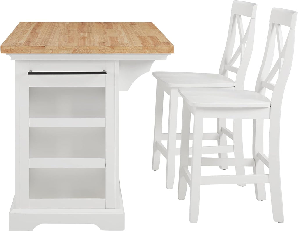 Crosley Furniture Julia Wood Top Island with Storage, Coffee Bar, and a Set of 2 X-Back Stools, White