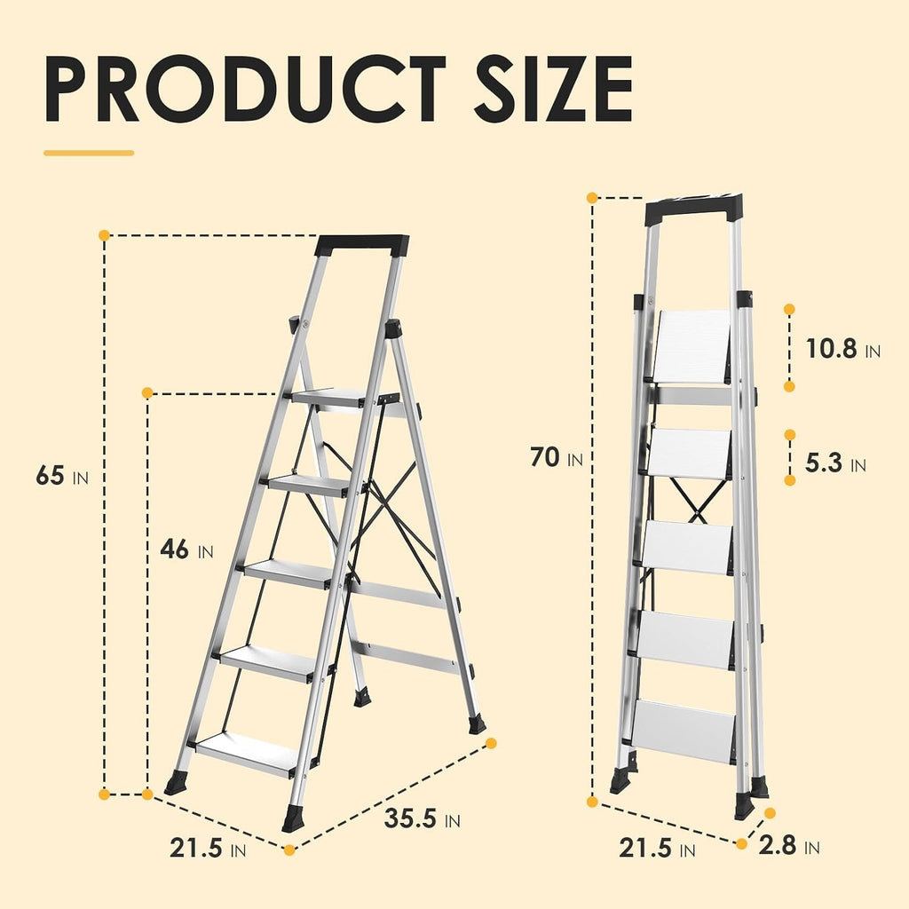HBtower 5 Aluminum Step Ladder, Strudy Ladders for Home with Tool Tray, Anti-Slip Folding Step Stool for Adults, Light Weight Portable 330lbs Safety for Kitchen Warehouse Outdoor Work