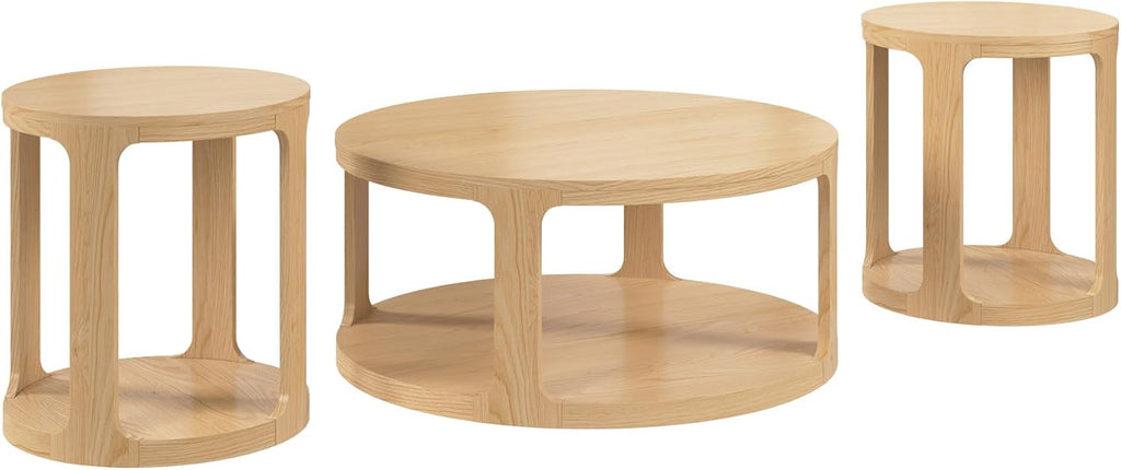 Bush Home Vera Round Coffee Table with Set of 2 Round End Tables, Living Room Furniture, Vera Collection, Natural White Oak