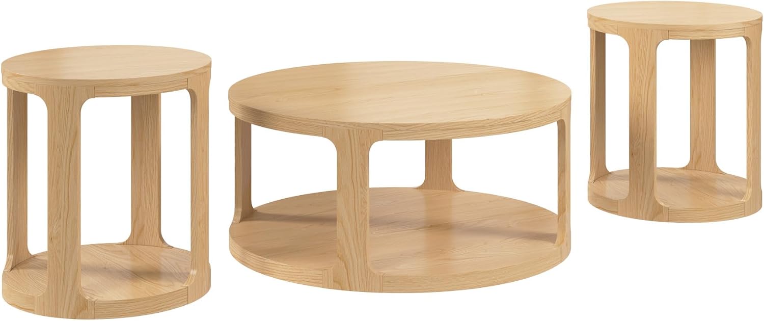 Bush Home Vera Round Coffee Table with Set of 2 Round End Tables, Living Room Furniture, Vera Collection, Natural White Oak