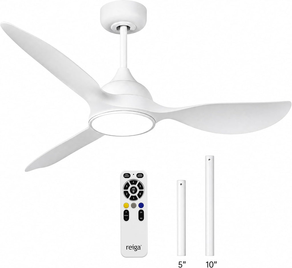 reiga 52 inch Ceiling Fans with Remote Control and Led Lights, Modern Quiet Reversible DC Motor Fan, 3 Blade High Flow for Living Room Bedroom, White