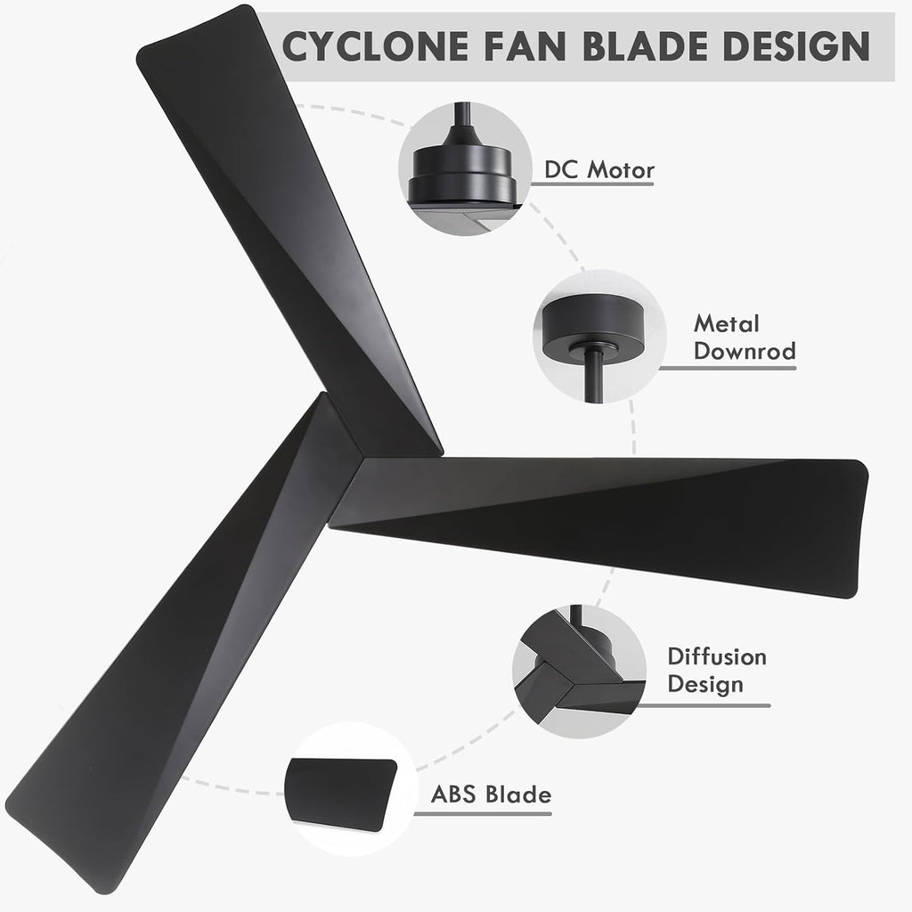 WINGBO 52' DC Ceiling Fan without Lights, Matte Black Ceiling Fan with Remote, 3 ABS Plastic Blades, 6 Speed Reversible DC Motor, Ceiling Fans No Light for Kitchen Bedroom Living Room