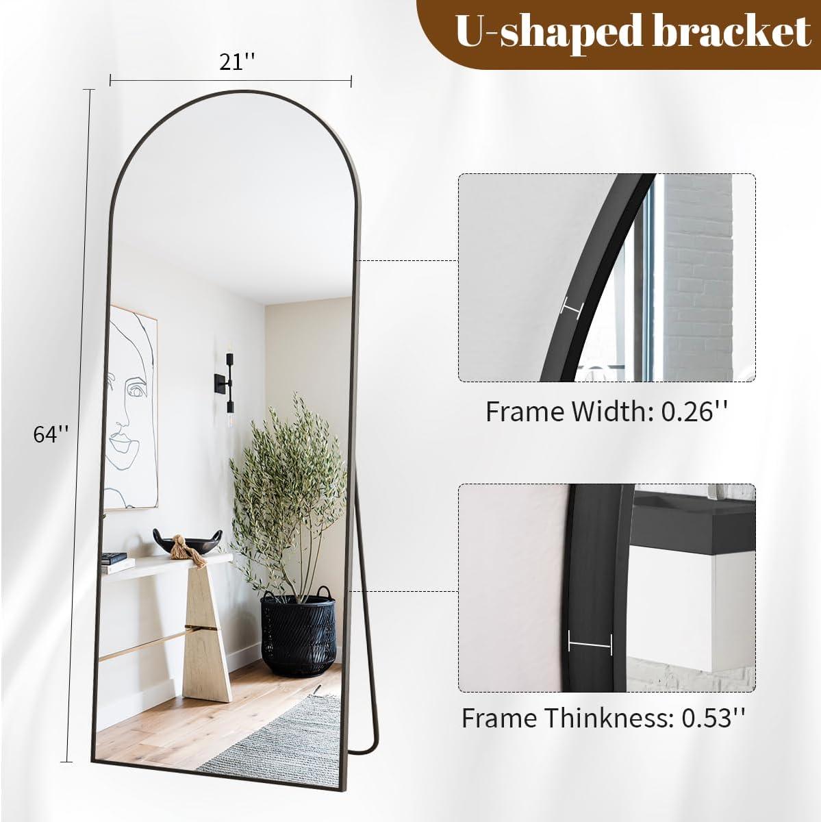 Koonmi Arched Full Length Mirror, 64'x21' Black Standing Hanging or Leaning Full Body Mirror with Aluminum Alloy Frame for Living Room and Bedroom