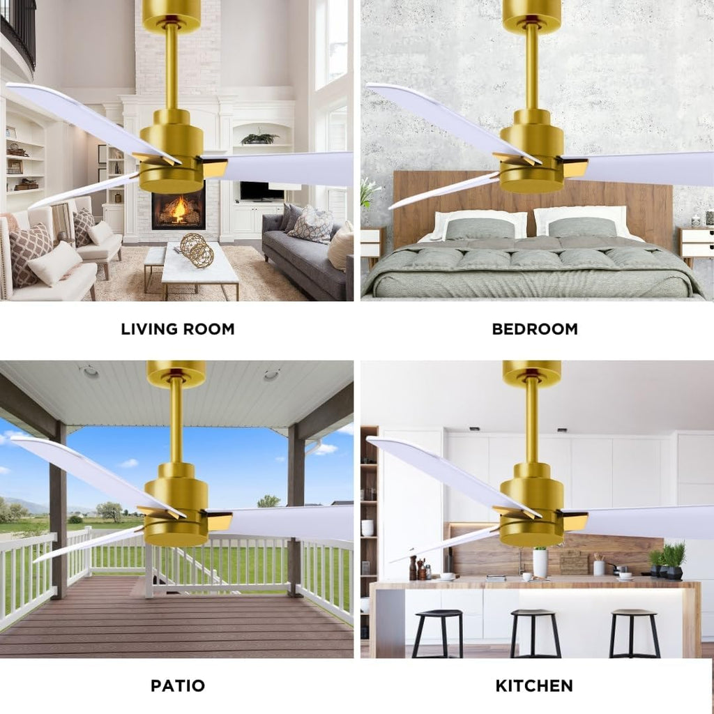 Matthews AK-BRBR-MWH-56 Alessandra Wet Rated 56' Outdoor Ceiling Fan without Light, Remote Included, Silent DC Motor, Brushed Brass with Matte White