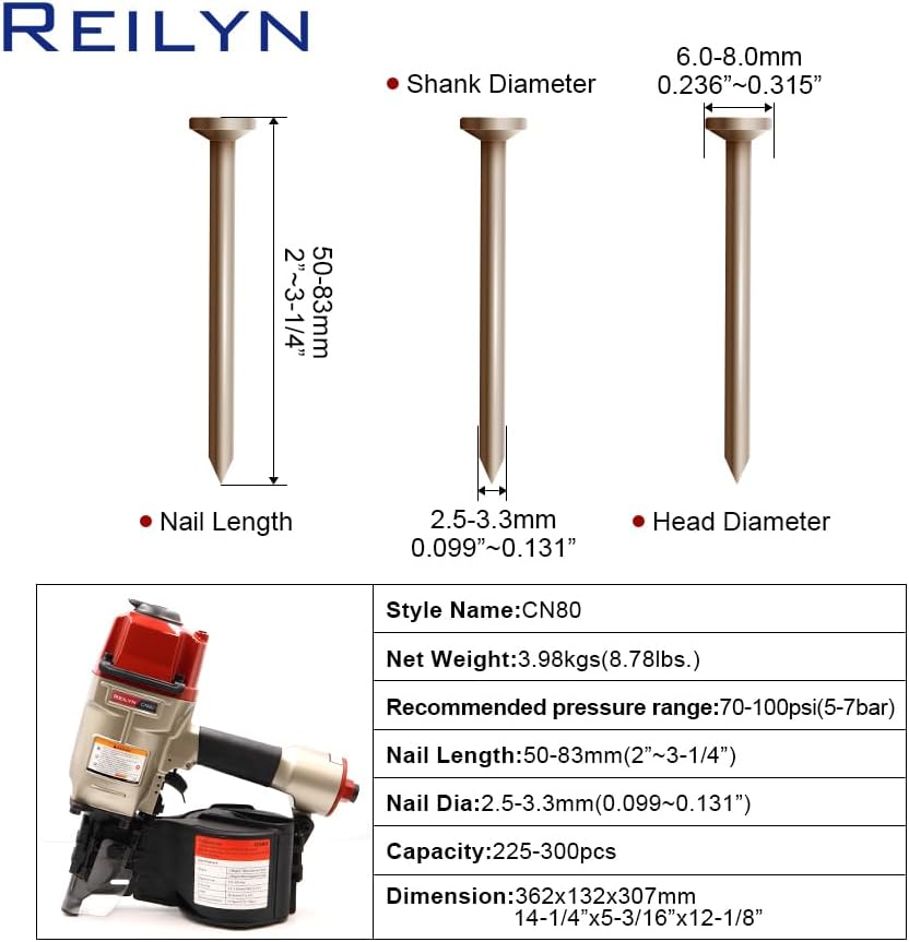 Roofing Nail Gun CN80, 2 inch to 3-1/4-inch 15 Degree Pneumatic Siding Nail Gun for Siding Sheathing Wooding Fencing Decking Roofing Professional Pallet Nailer