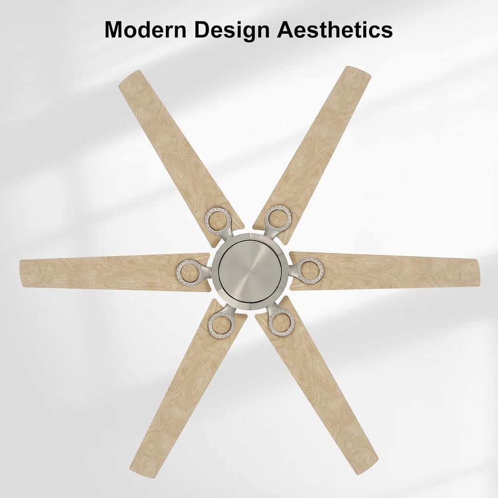 WINGBO Ceiling Fan no Light - 64 inch Ceiling Fan with Remote Control,6 Blades Modern Ceiling Fan, 6-Speed Noiseless Timer Powerful DC Motor, ETL Listed, Indoor/Outdoor, Nickel + Light Wood