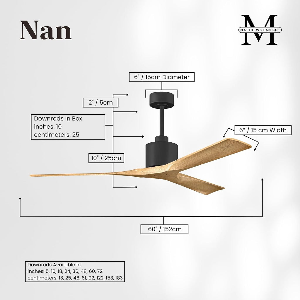 Matthews NK-BK-LM-60 Nan Damp Rated 60' Ceiling Fan with Remote and Wall Control, 3 Solid Wood Blades, Silent DC Motor, Matte Black with Light Maple Tone