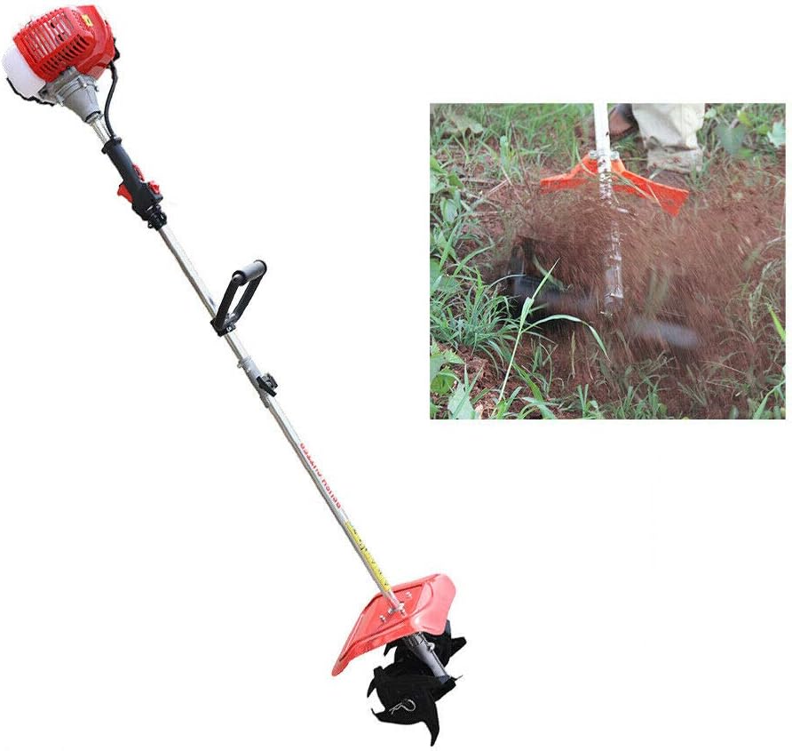 2-Stroke Garden Tiller Gas Powered Cultivators Single Cylinder Cordless Tiller Electric Handheld Garden Weeder Weeding Machine Gasoline for Cutting Grass Wheat Tea Tree 42.7CC