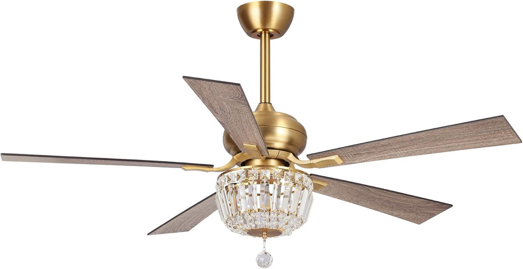 52' Crystal Ceiling Fan with Lights and Remote, Champagne Bronze Chandelier Ceiling Fan, Reversible 5-Blade Ceiling Fan for Bedroom, Living Room, Dining Room, Luxury Glam Style