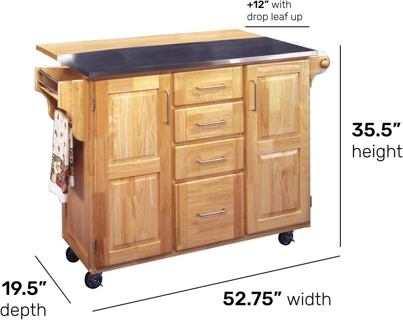 Homestyles General Line Mobile Kitchen Cart with Stainless Steel Top and Drop Leaf