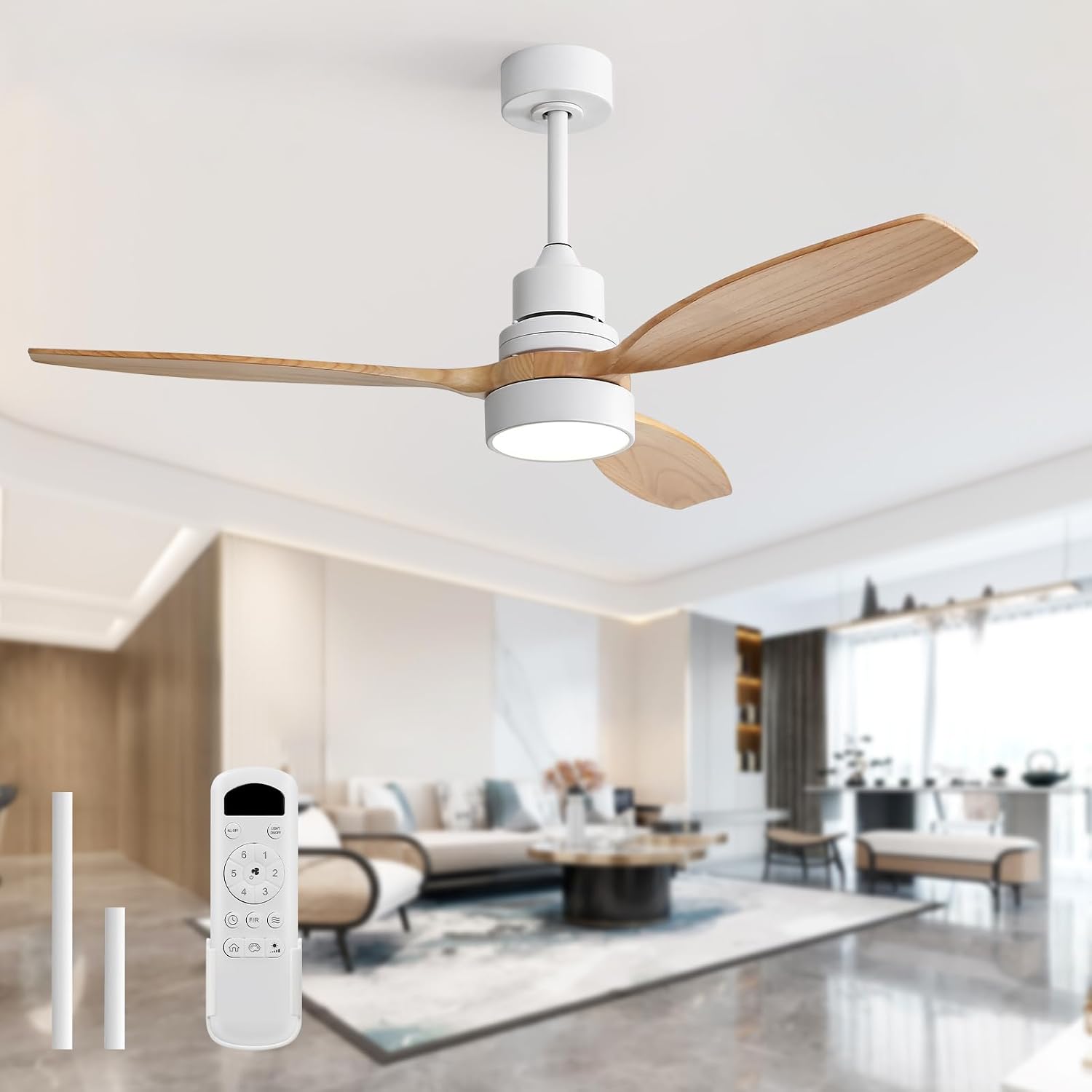 Sofucor Ceiling Fan with Lights, 52 Inch Modern Wood Ceiling Fan with Remote for Indoor Farmhouse Bedroom Living Room Outdoor Patio Porch, Reversible DC Motor, Noiseless