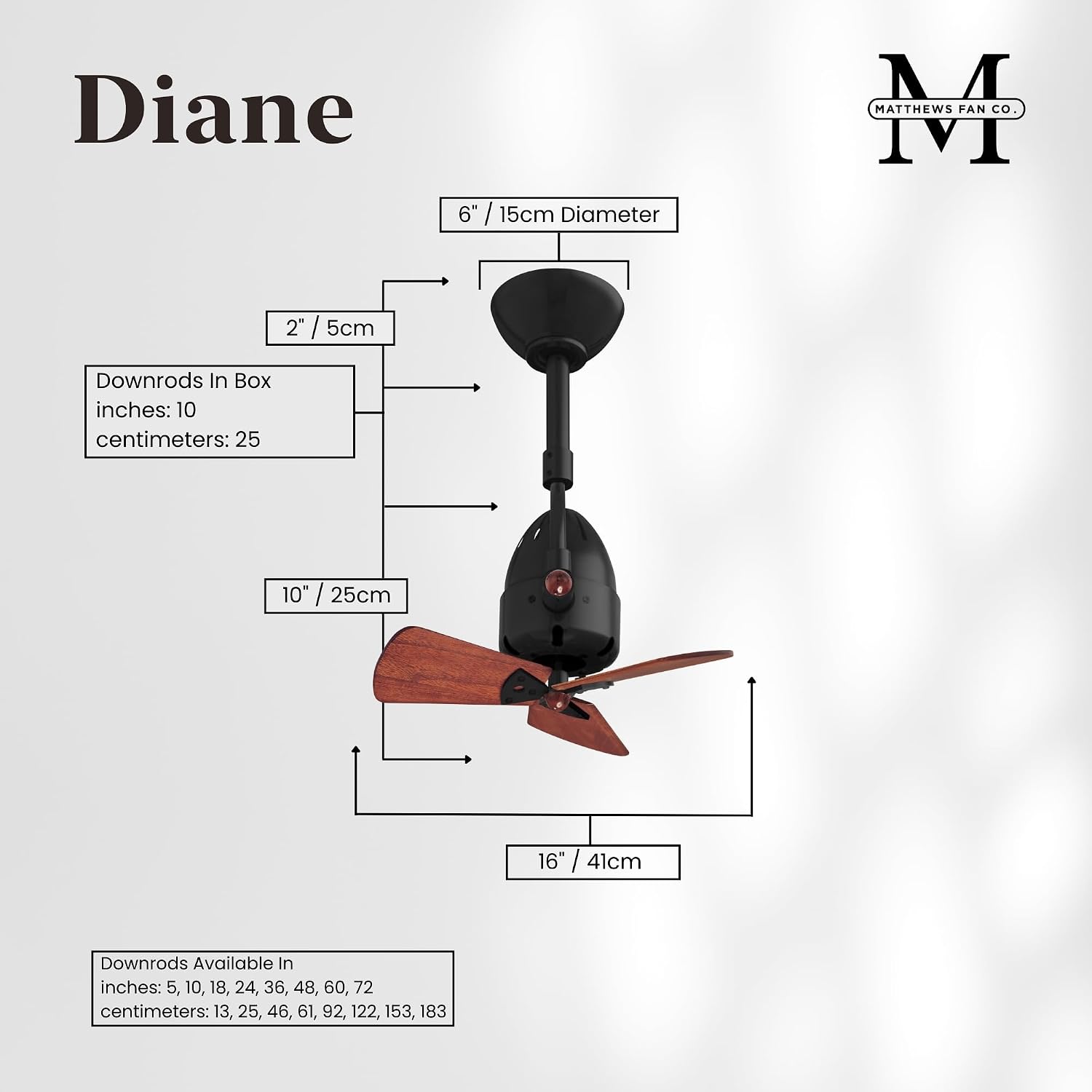 Matthews DI-BK-WD Diane Damp Rated 90° Oscillating 16' Directional Ceiling Fan with Remote, Best for Small Spaces or Near HVAC Ducts, Matte Black with Mahogany Tone