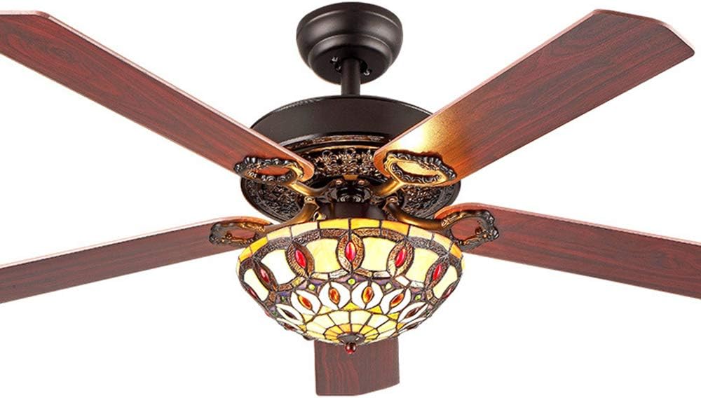 TFCFL 52' Ceiling Fan with Light, Tiffany Style Retro Stained Glass Chandelier Fan with Controller 4 Reversible Wood Blades 3-Speed (Black)