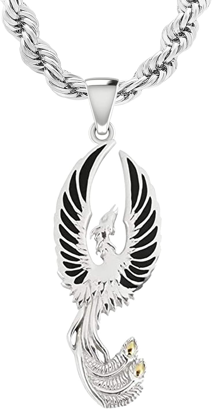 US Jewels Men's 925 Sterling Silver 47.5mm Flying Phoenix Pendant Necklace, 22in to 26in