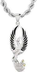 US Jewels Men's 925 Sterling Silver 47.5mm Flying Phoenix Pendant Necklace, 22in to 26in