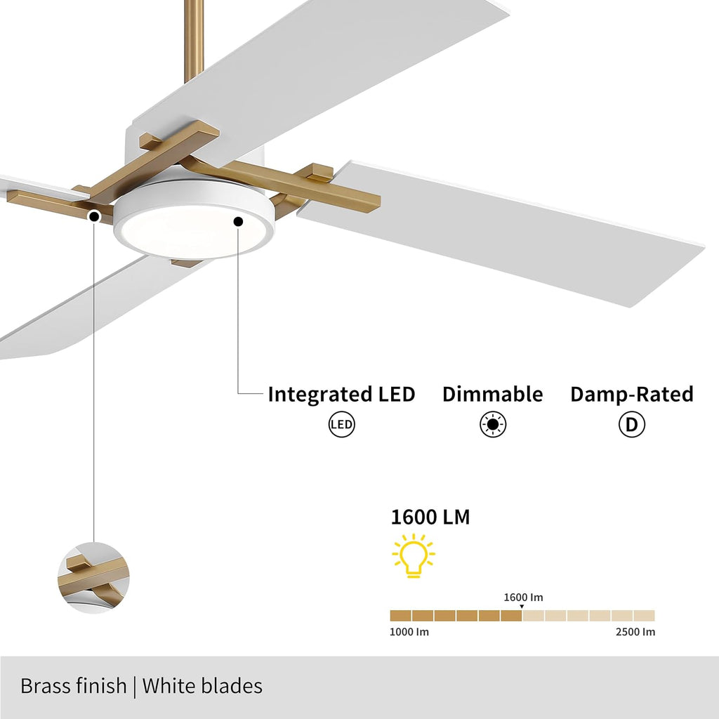 WINGBO 54 Inch Ceiling Fan with Light and Remote, 4 Plywood Blades, 6-Speed Reversible DC Motor, Dimmable, 3CCT, Farmhouse Ceiling Fan for Bedroom Living Room Kitchen, Brass and White