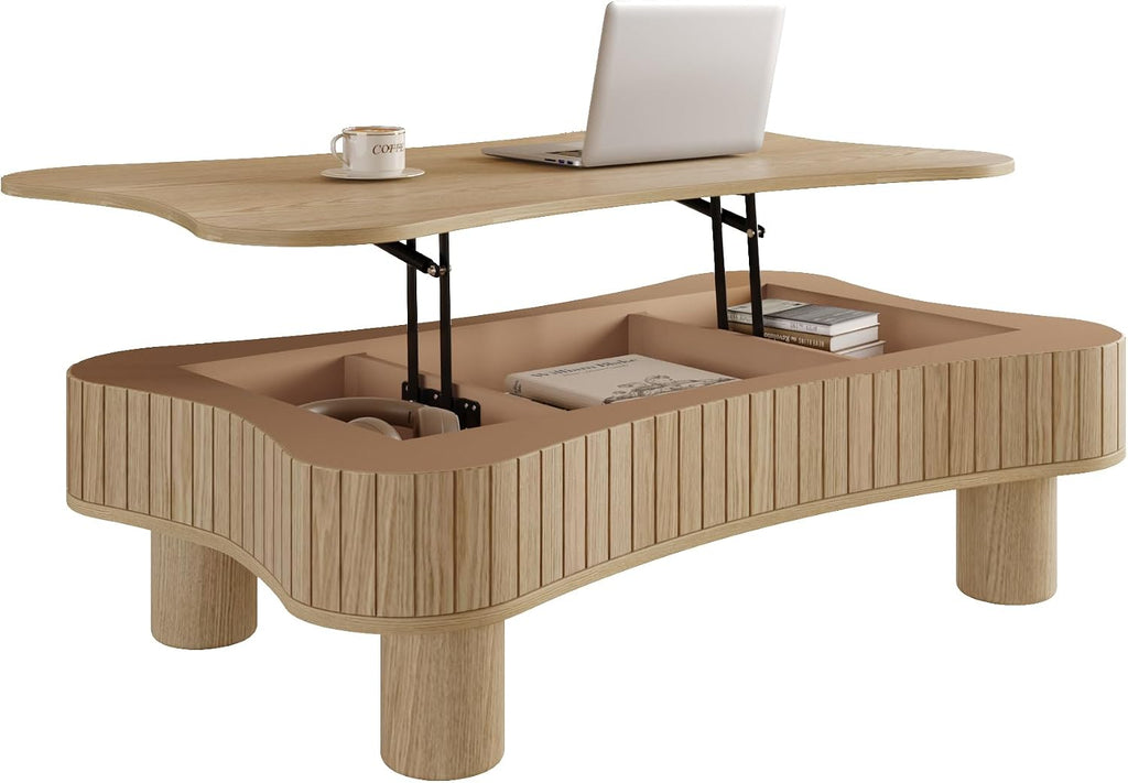 Zurnes Lift Top Coffee Table with Storage, 42' Accent Table for Living Room, Fluted Panel Hidden Storage, Silent Hydraulic Lift, Curved Corners, Easy Assembly, Natural Wood