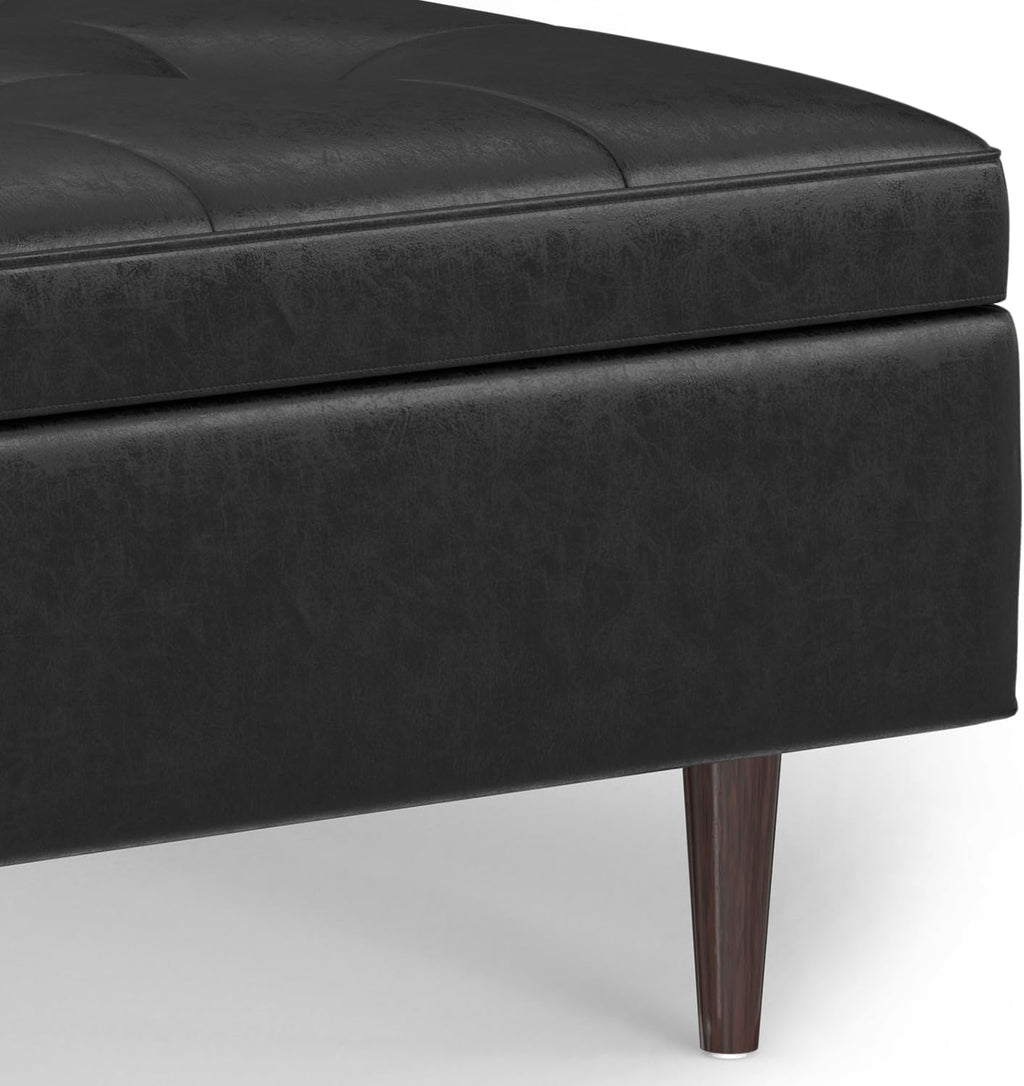 SIMPLIHOME Shay 38 inch Wide Mid Century Modern Large Square Coffee Table Storage Ottoman in Distressed Black Vegan Faux Leather, Assembled, for the Living Room and Entryway