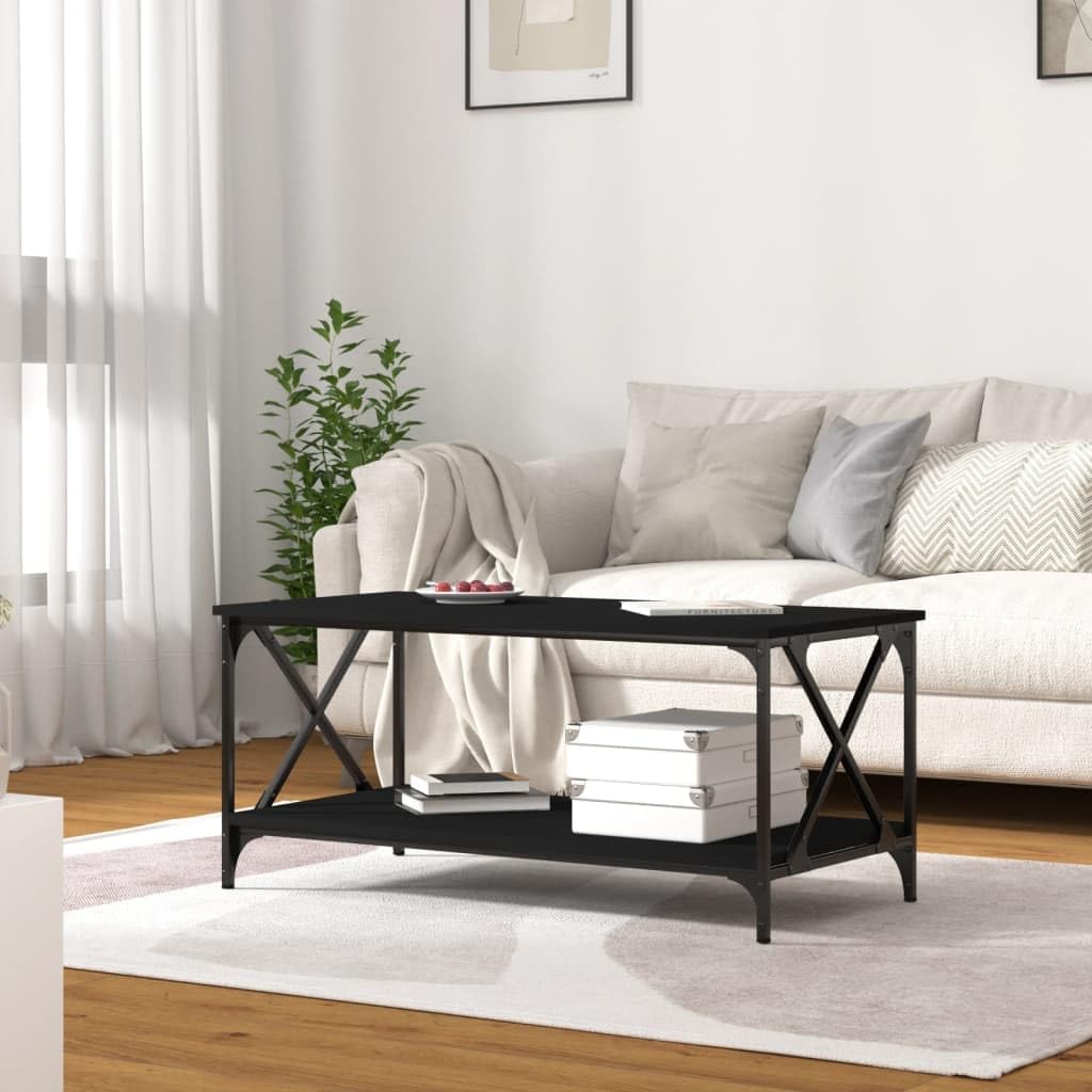 Coffee Table with Storage Shelf, 2-Tier Coffee Table for Home Office, Black 39.4'x19.7'x17.7' Engineered Wood and Iron,-991