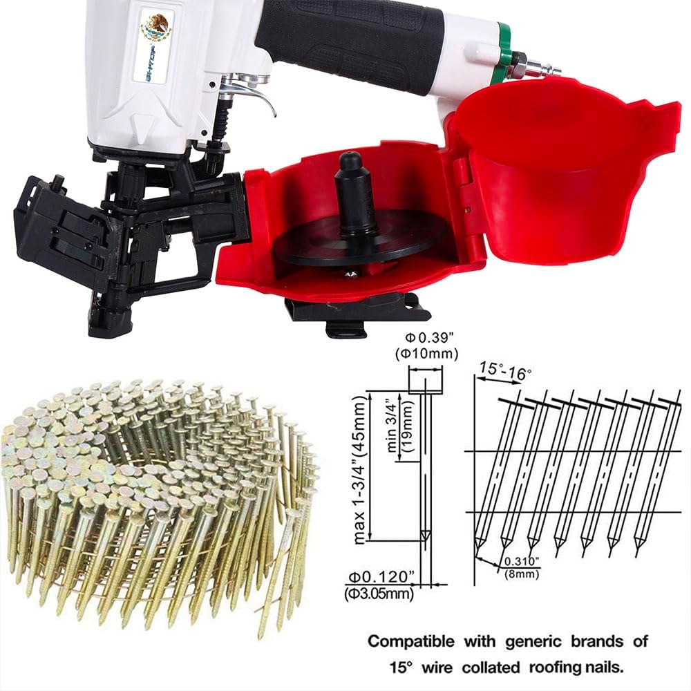 Mexican Style CN45N Roofing Nailer, 15 Degree Roofing Nail Gun, 3/4-Inch to 1-3/4-Inch Coil Nails, 120-pcs Load Capacity Coil Nailer