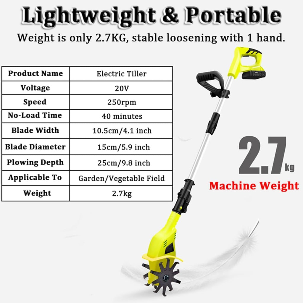 Electric Garden Rotavator, Cordless Tiller Cultivator with 2×4000mah Battery and Charger, 10.5cm Tilling Width, 25cm Working Depth for Soil Cultivation