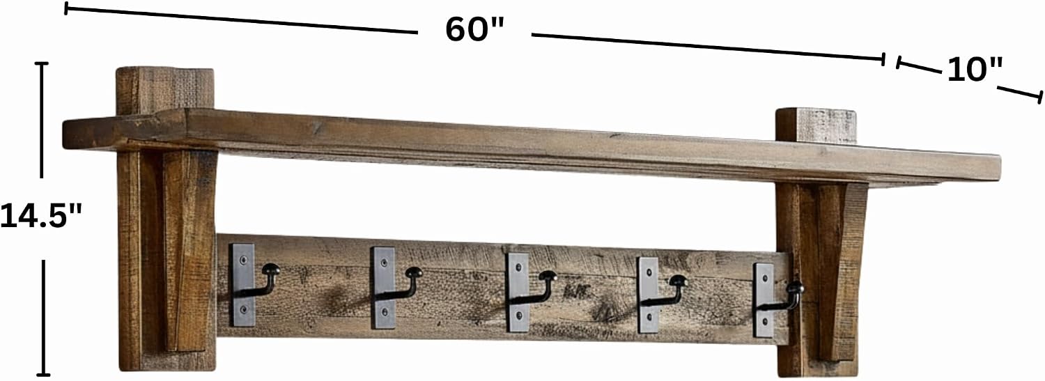 Durango Industrial Wood Coat Hook Entryway Shelf, Home Storage, Accent Furniture, Living Room Furniture, Rustic, Farmhouse, Industrial, Solid Wood
