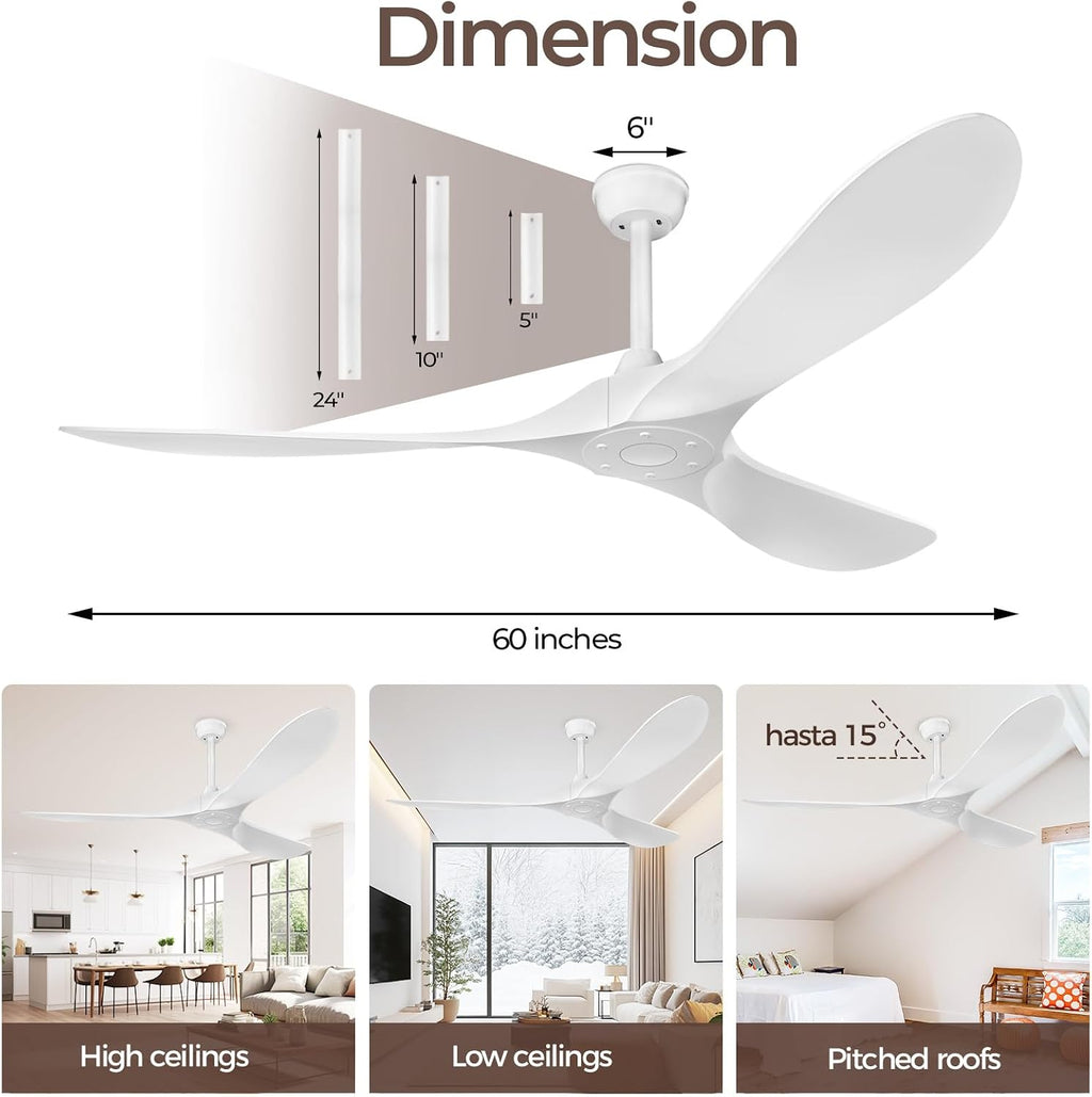 Obabala 60 Inch Ceiling Fan Without Lights, White | Outdoor Ceiling Fan with Remote, 6-Speed Adjustable Reversible DC Motor for Patio & Living Room