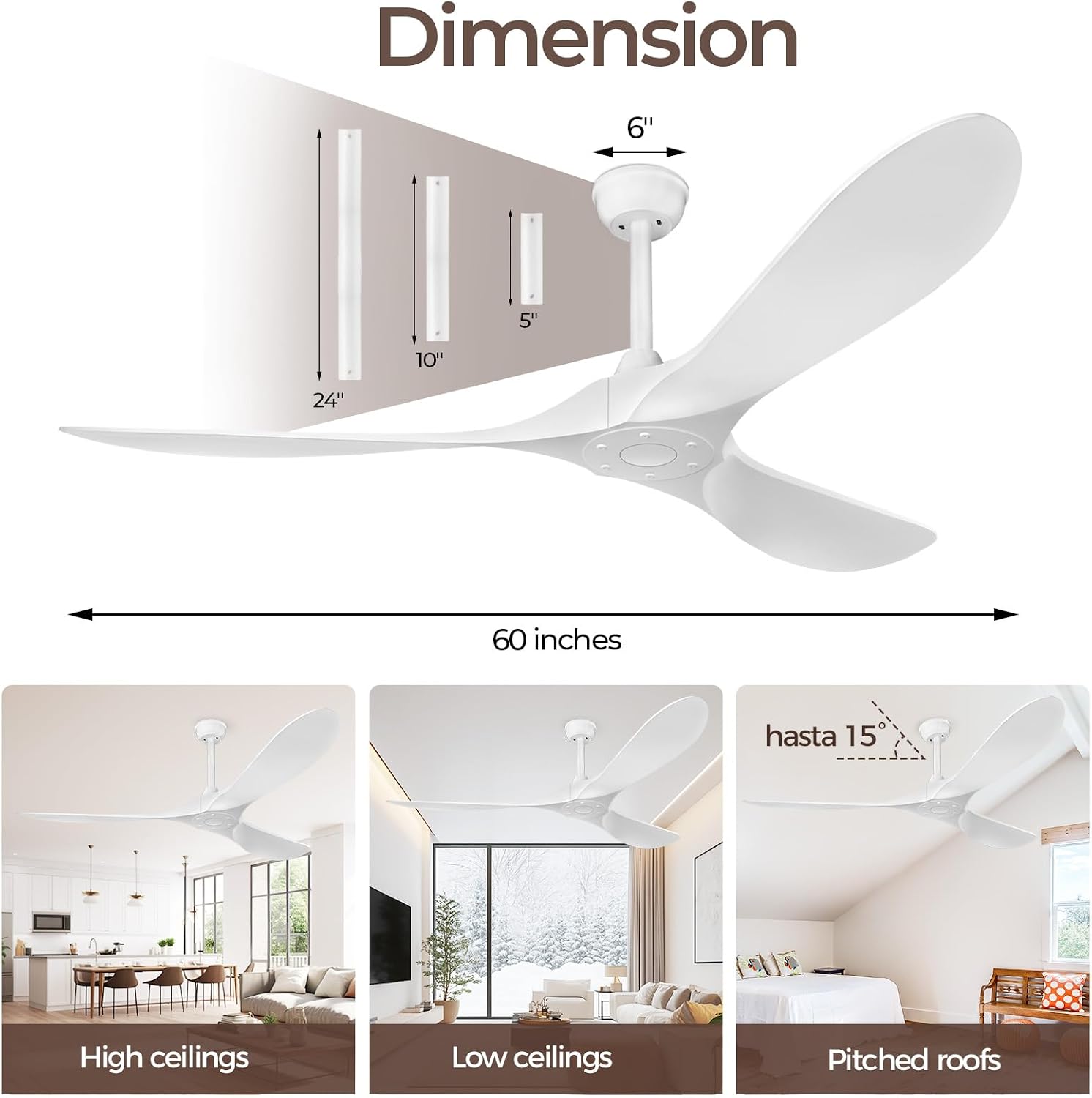 Obabala 60 Inch Ceiling Fan Without Lights, White | Outdoor Ceiling Fan with Remote, 6-Speed Adjustable Reversible DC Motor for Patio & Living Room