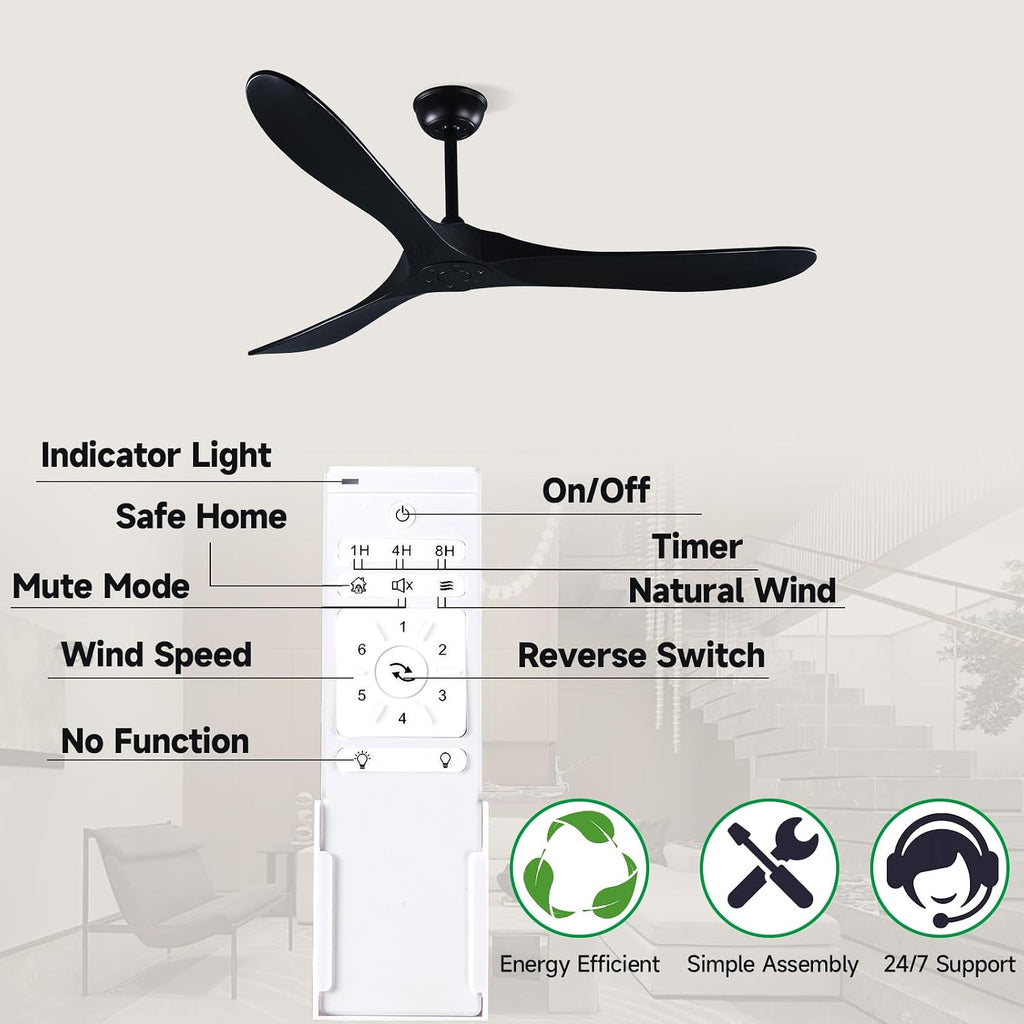 Black Ceiling Fans without Lights, 70'' Modern Solid Wood Ceiling Fan with Remote, Quiet DC Motor, Flush Mount Low Profile Indoor or Covered Patio Ceiling Fan for Bedroom Living Room