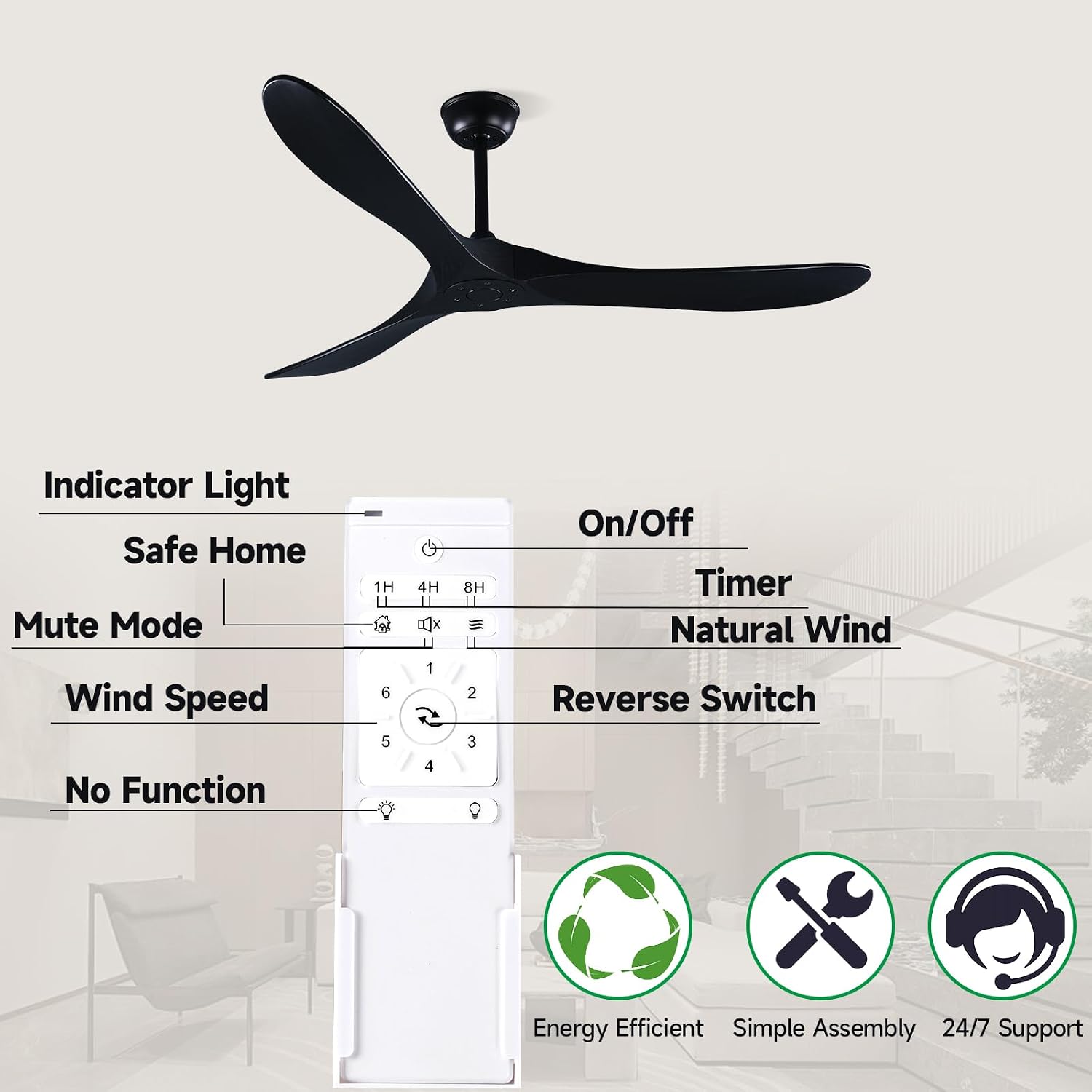 Black Ceiling Fans without Lights, 70'' Modern Solid Wood Ceiling Fan with Remote, Quiet DC Motor, Flush Mount Low Profile Indoor or Covered Patio Ceiling Fan for Bedroom Living Room