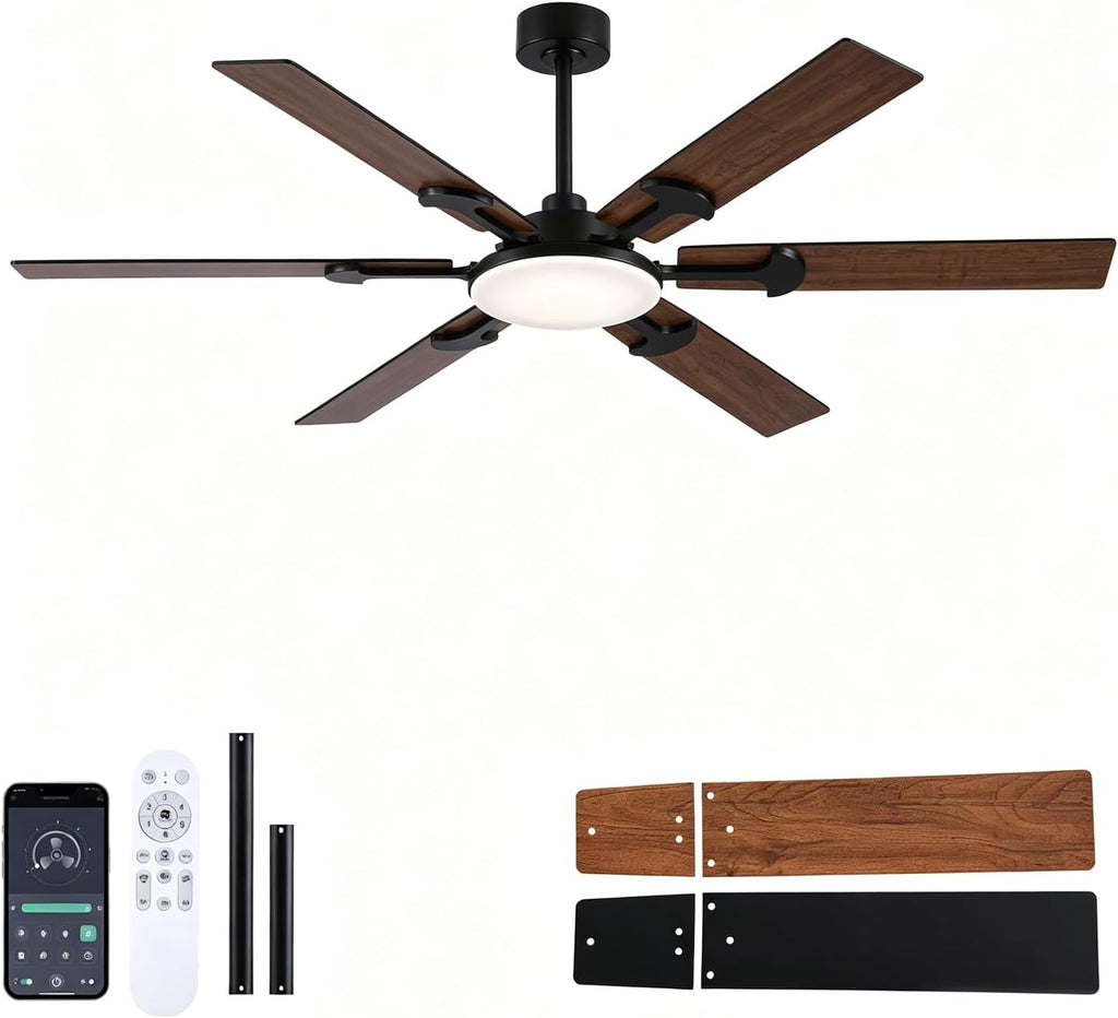 FUMLTP 66 inch Large Ceiling Fans with Lights，Brown Low Profile Ceiling Fan with light and Remote Control，3 CCT Dimmable，Quiet DC Motor，Indoor/Outdoor Ceiling Fan for Bedroom Living Room Patio,Porch.