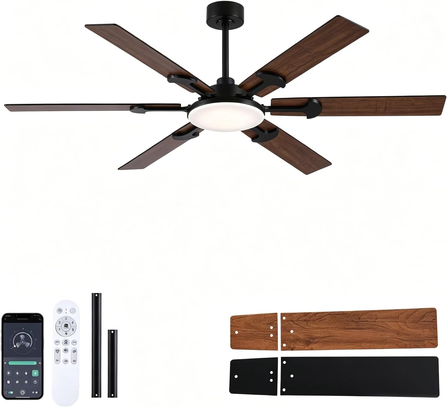 FUMLTP 66 inch Large Ceiling Fans with Lights，Brown Low Profile Ceiling Fan with light and Remote Control，3 CCT Dimmable，Quiet DC Motor，Indoor/Outdoor Ceiling Fan for Bedroom Living Room Patio,Porch.