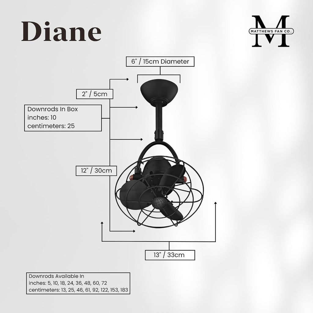 Matthews DI-BK-MTL Diane Damp Rated 90° Oscillating 13' Metal Directional Ceiling Fan with Remote, Best for Small, Awkward Spaces or in Front of HVAC Ducts, Matte Black