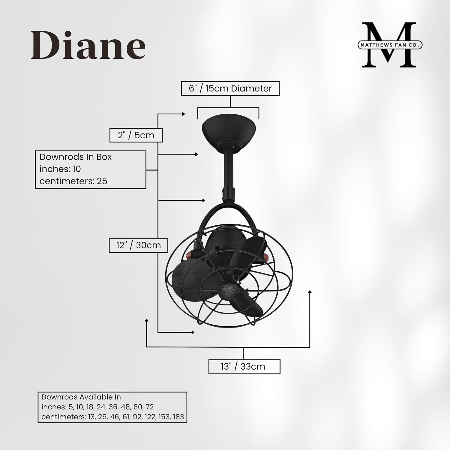 Matthews DI-BK-MTL Diane Damp Rated 90° Oscillating 13' Metal Directional Ceiling Fan with Remote, Best for Small, Awkward Spaces or in Front of HVAC Ducts, Matte Black