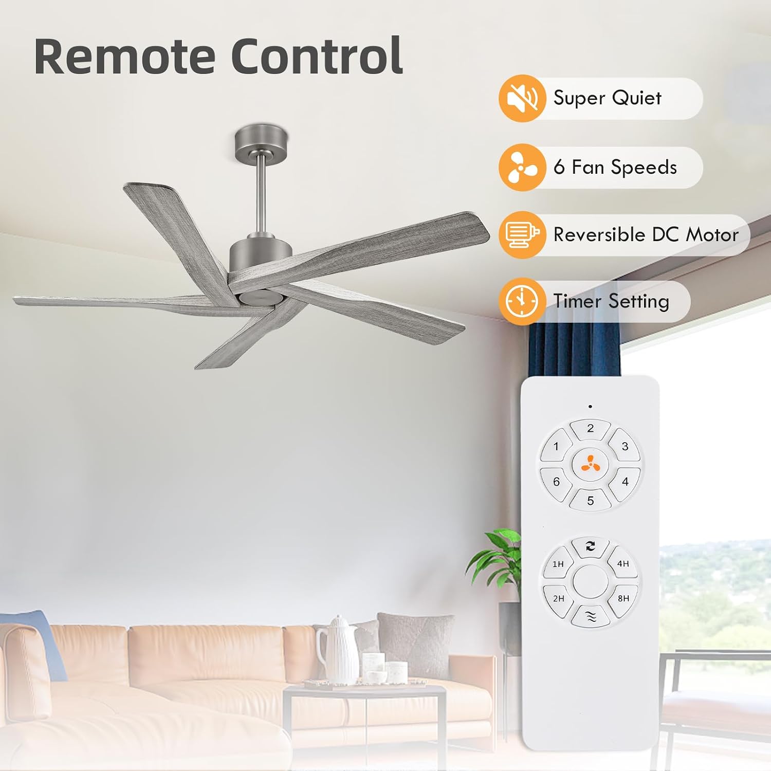 WINGBO 54' ABS DC Ceiling Fan No Light, 5 Blade Wood Grain ABS Ceiling Fan with Remote, 6-Speed Reversible DC Motor, Ceiling Fans without Light for Kitchen Bedroom Living Room, Antique Nickel and Grey